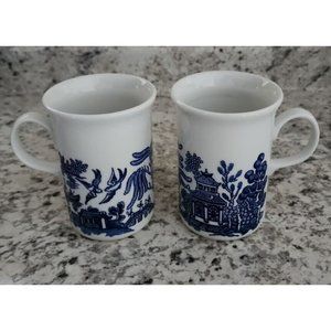 2 Porcelain Tea Coffee Cups White and Blue Excellent Condition England Vintage